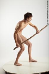 Nude Fighting with spear Man White Slim Short Brown Realistic